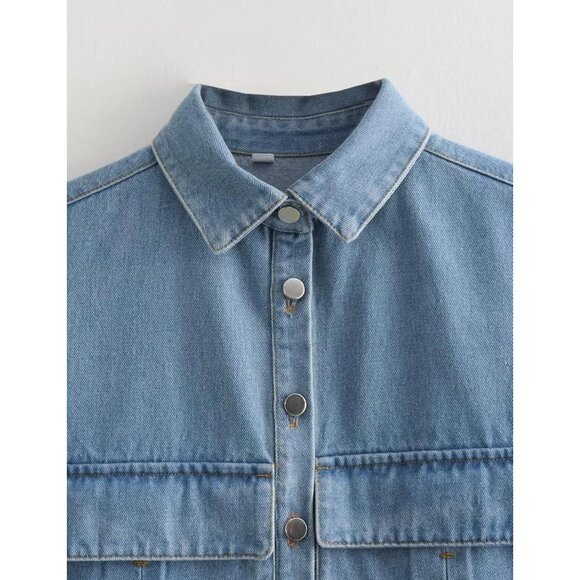 Women's Cropped Denim Shirt Cotton Polyester Sleeveless Summer Casual - Picture 4 of 7